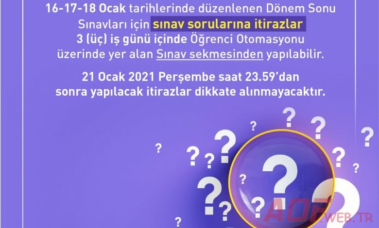 2020-2021 Güz Dönemi Açıköğretim İlk Oturum Sınavlarına İtiraz